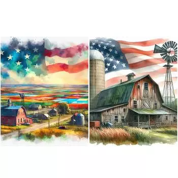 - 5D DIY Полная круглая дрель Алмазная картина Дом и флаг Домашний декор Art Craft 40x50 A4764