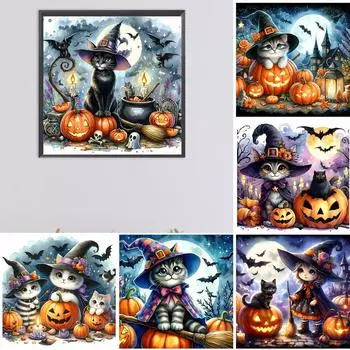 5D DIY Полная круглая дрель Алмазная картина Хэллоуин Кошка Домашний декор Искусство E3799