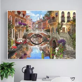 5D DIY Полный дрель Алмазная картина Мост воды Круглая Алмазная вышивка Крестом Горный хрусталь 20X30CM