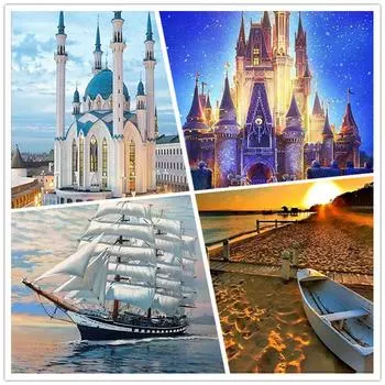 5D DIY Полный Круг Алмазная Картина Парусник и Замок Алмазная Вышивка 20X30CM красный