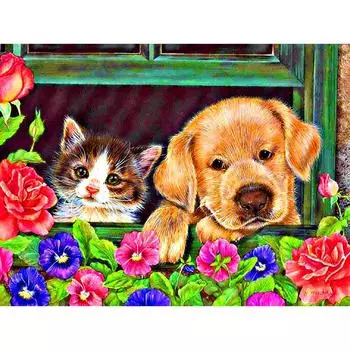 5D DIY Полный круглый алмаз картина кошка и собака вышивка крестиком горный хрусталь 20X30CM