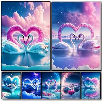5D DIY Полный круглый алмаз картина Розовое сердце любви Лебедь Пейзаж Озеро Фэнтези Мозаика Горный хрусталь Вышивка Животное Вышивка крестиком Комната Домашний декор 20x30cm