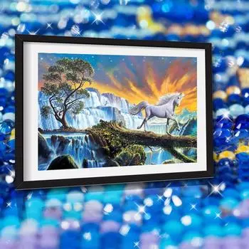 5D DIY Полный Круглый Алмазная Вышивка Белая Лошадь Водопад Алмазная Картина Вышивка Крестом Горный Хрусталь 20X30CM