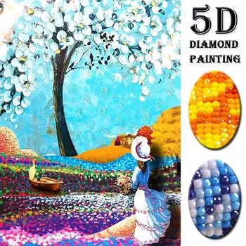 5D DIY Полная круглая алмазная картина Дерево и девушка Алмазная картина Крест Алмазное сверло Стразы 20X30CM