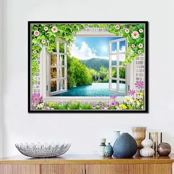 5D Diy Полный круглый дрель Алмазная картина Пейзаж Цветок за окном Вышивка крестом Свадебный декор 20X30CM