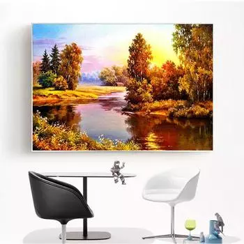 5d Diy Полный круглый дрель Алмазная картина Вышивка крестом Коттедж на берегу озера Закат Вышивка Пейзаж 20X30CM