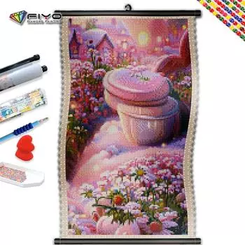 5D DIY Рамка Алмазная картина Розовый дом Наборы для вышивки крестиком Мозаика Розовый цветок Пейзаж Изображение Стразы Украшение дома