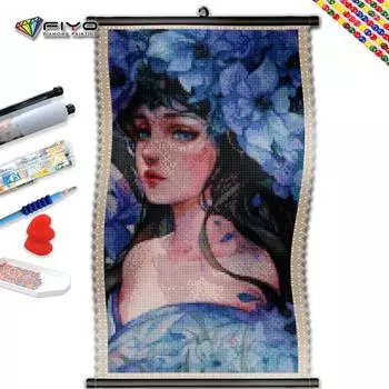 5D DIY Рамка Алмазная картина Синий цветок Девушка Вышивка Полная квадратная мозаика Мультфильм Портрет Горный хрусталь Картины Настенные картины