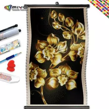 5D DIY Рамка Алмазная картина Золотой цветок Мозаика Пейзаж Вышивка Изображение Стразы Украшение дома