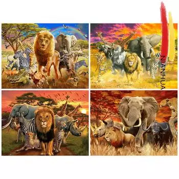 5D DIY швейные принадлежности ручной работы полная квадратная пейзажная живопись Лев и слон круглая вышивка украшение дома Full Round 20x30CM