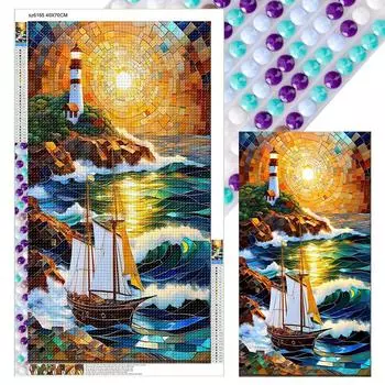 5D-DIY-Vollrundbohrer-Buntglas-Diamantgemlde Segelboot Heimkunst 40 x 70 см