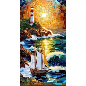 5D-DIY-Vollrundbohrer-Buntglas-Diamantgemlde Segelboot Heimkunst 40 x 70 см