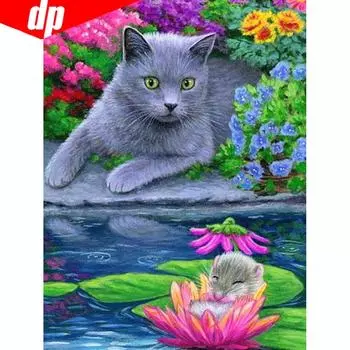 5D DIY Вышивка Алмазная мозаика Вышивка крестом Животное Алмазная картина Кошка Полный круглый горный хрусталь 20X30CM