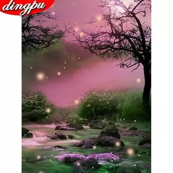 5D DIY Вышивка крестиком Алмазная картина Дерево Полный дисплей Пейзаж Полный круглый 20X30CM