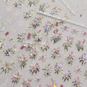 5D Kawaii Lily Nail Art Наклейки 1 шт. Японский розовый белый цветок с бриллиантами Самоклеящиеся украшения для ногтей Слайдерные наклейки DIY to3895