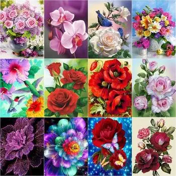5D круглая алмазная живопись Алмазные цветы в вазе Мозаика Настенное украшение для дома 40X50CM Full Round 20x30CM