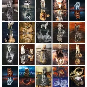 5D круглая алмазная живопись животное отражение Лев Тигр вышивка картина вышивка крестиком мозаичная картина DIY украшение дома подарок Full Round 20x30CM