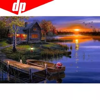 5D Круглый ромбовидный узор Закат Деревня Морская Алмазная вышивка DIY Рукоделие Алмазная картина 20X30