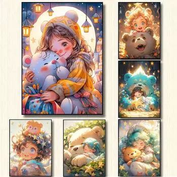 5D мультфильм милый плюшевый мишка маленькая девочка любовь DIY ручная алмазная живопись мозаичная вышивка крестом полные круглые дрели современная комната домашний декор стены детские подарки 20x30cm