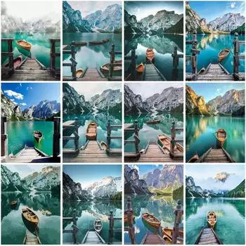 5D Пейзаж Алмазная картина Озеро Лодка DIY Полный квадратный круглый дрель Горы Пейзаж Алмазная вышивка Искусство Домашний Декор Подарок Full Round 20X30CM красный