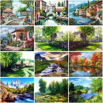 5D полная круглая дрель дерево алмазная живопись пейзаж вилла вышивка пейзаж Алмазная мозаика вышивка крестиком украшение дома Full Round 20x30CM