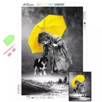 5D полная квадратная/круглая Алмазная картина Девушка и собака Набор для рукоделия Алмазная вышивка Желтый зонтик Дождливый день Мозаика Дверь Искусство Горный хрусталь Украшение дома Full Round (20X30CM)
