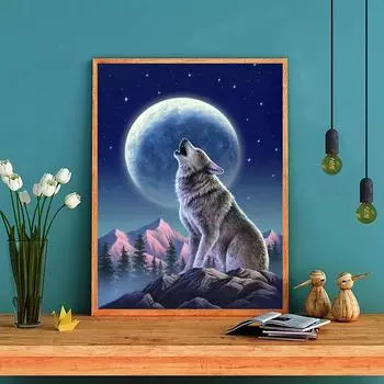 5D Полные кристальные алмазные картины Животные Волк и Луна Полные круглые алмазные наборы для вышивки крестом Алмазная мозаика Искусство Творческий домашний декор ручной работы (Без рамки) 30*40cm/11.8*15.7in