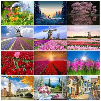 5D полный круглый алмаз DIY пейзаж алмазная живопись вышивка крестиком ветряная мельница лаванда сад вышивка стразами украшение дома Full Round 20x30CM