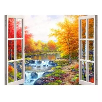 5D Полный круглый Diy Алмазная картина Мозаика Окно Речной пейзаж Вышивка крестом 20X30CM