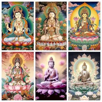 5D Религиозное искусство Алмазная живопись Сделай сам Будда Лотос Крест Вышивка Полный квадрат Круглая мозаика Головоломка Украшения Ремесла Full Round 20x30CM