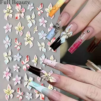 5D тисненные наклейки для ногтей с белым цветком, наклейки для ногтей, гравировка, цветочные слайдеры для ногтей