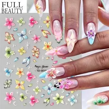 5D тисненные наклейки для ногтей с белым цветком, наклейки для ногтей, гравировка, цветочные слайдеры для ногтей