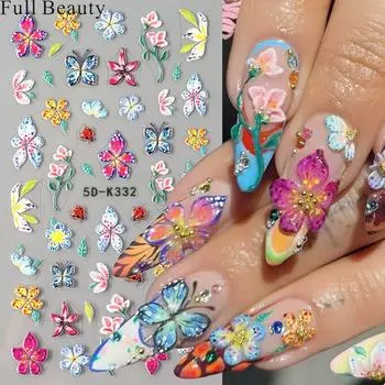 5D тисненные наклейки для ногтей с белым цветком, наклейки для ногтей, гравировка, цветочные слайдеры для ногтей