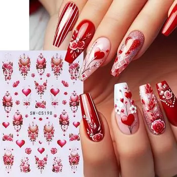 5D валентинки рельефные наклейки для ногтей сердце цветок красное сердце любовь DIY романтический маникюр украшение SW-CS197