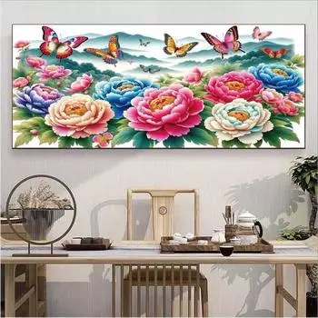 5DDiamondPainting Полная алмазных бабочек Любовь Вышивка крестом Мозаика Искусство Новая гостиная Бабочка Национальный аромат Богатый цветок пиона Украшения своими руками 100-50CM белый