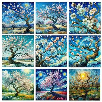 5DDIY Алмазная картина Абстрактное звездное ночное искусство Знаменитый Ван Гог Цветок миндаля Картина Гостиная Украшение дома Подарок Full Round 20x20CM