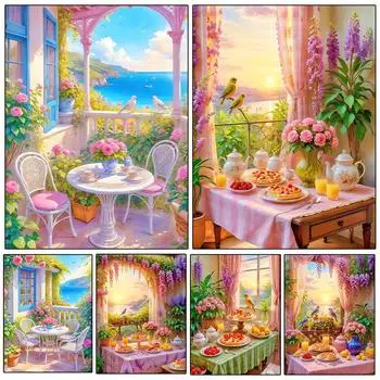 5DDIY Алмазная картина Балконный пейзаж Цветок Украшение для дома Вышивка Мозаика Приморский сад Пейзаж Наклейки на стену Full Round 20x30CM