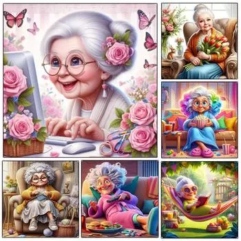 5DDIY Алмазная картина Мозаика Старушка Полный квадрат Круглая картина Бабушка Вышивка крестом Портрет Вышивка Украшение Full Round 20x20CM