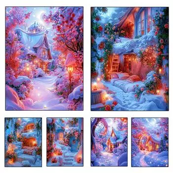 5DDIY Алмазная картина Снежинка Пейзаж Хижина Полная круглая квадратная мозаика Вышивка крестом Зимнее украшение для дома Full Round 20x30CM