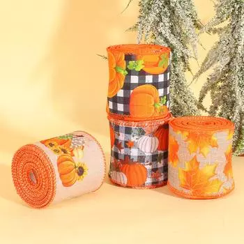5M Thanksgiving Wired Ribbon Pumpkin Maple Leaf Fall Wired Harvest for Crafts Grosgrain Ribbons Pumpkins Car Art Home Decoration
