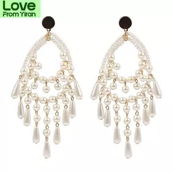 5p Gold Metal Handmade Pearl Большие женские висячие серьги-подвески Модные вечерние длинные ювелирные изделия оптом