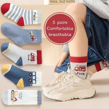 5Pairs Autumn Children Cotton Socks Fashion Car Boys Sports Sock Soft Comfortable Kids Middle Tute Socks 1-14Year Baby Footwear fit 1-4 years