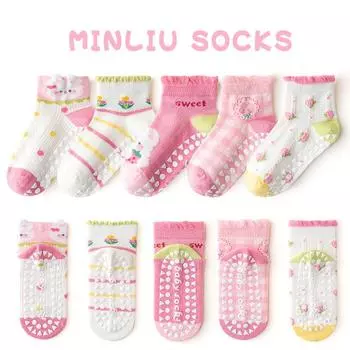 5Pairs Baby Girls Socks 1-10Y Girls Soft Cartoon Cotton Non-slip Socks Children Girl Mesh Anti-slipping Socks Indoor Floor Socks 1-3Y S