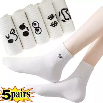 5 пар Крутые Женские Белые Милые Смешные Носки Набор Мода Мультяшные Женские Осень Зима Женские Девушки Каваи Спорт Короткие Носки для Женщин