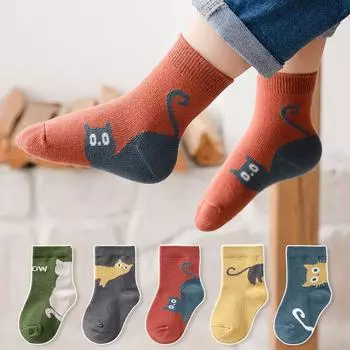 5Pairs Cute Cartoon Cat Socks For Kids Autumn Winter Warm Mid Tube Stockings 1-8Year Boy Girl Baby Footwear Children Cotton Sock fit 3-5Years