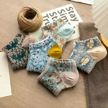 5Pairs Harajuku Girls Mid-calf Socks Breathable Sweet Sock Women Retro Floral Tube Socks Female Style 2