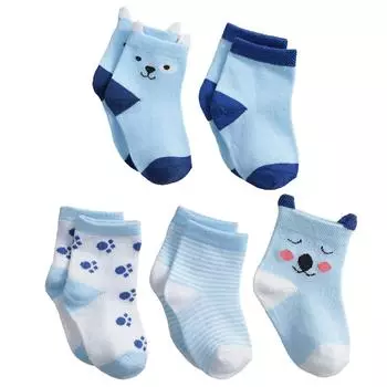 5Pairs Kids Cartoon Mid Tube Socks Cute Blue Bear Pattern Cotton Round Neck Casual Sock Breathable Unisex Baby Socks 0-8Years 0-1Years