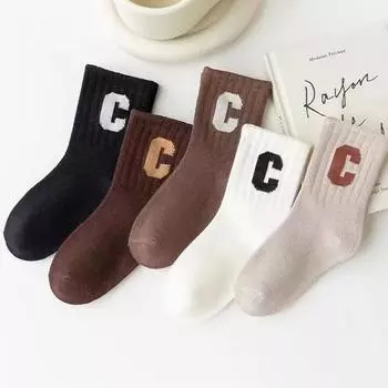 5Pairs Kids Middle Tube Sock Fashion C-Letter Children Cotton SockAutumn Winter Warm Footwear 1-8Year Boys Girls Plush Long Sock fit 1-3 Years
