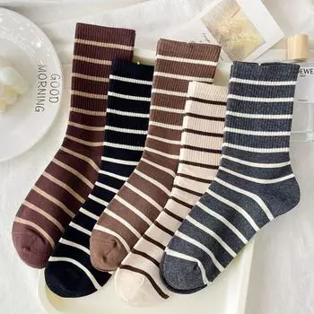 5pairs Lolita JK Tube Socks Women Patchwork Mid Calf Socks Sweet Autumn Striped Socks Teenagers 5 pairs