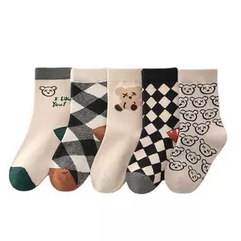 5Pairs/Lot Cute Bear Plaid Baby Socks Spring Autumn Soft Cotton Kids Middle Tube Socks For Boys Girls Casual Sports Sock fit 1-3 Years old